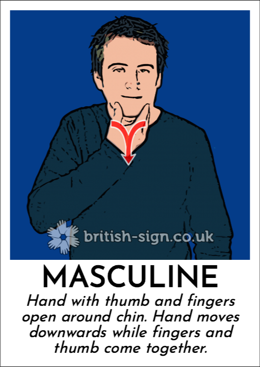 Masculine: Hand with thumb and fingers open around chin.  Hand moves downwards while fingers and thumb come together.